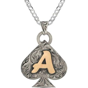 A custom pendant necklace featuring an ace of spades shape and a personalized initial, with sterling silver chain 